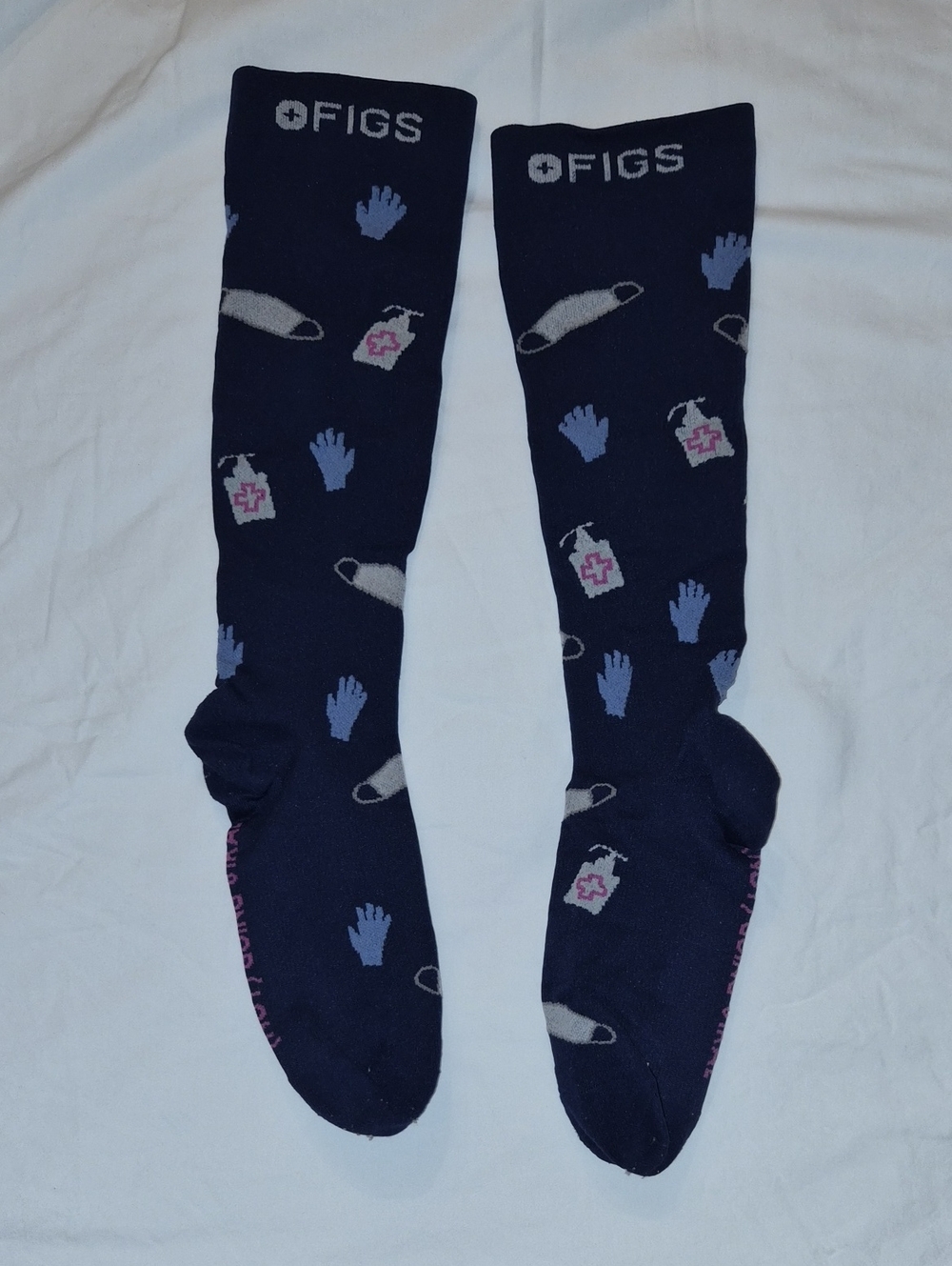 Figs Navy Medical Icon Crew Socks with Light Blue and Pink Accents